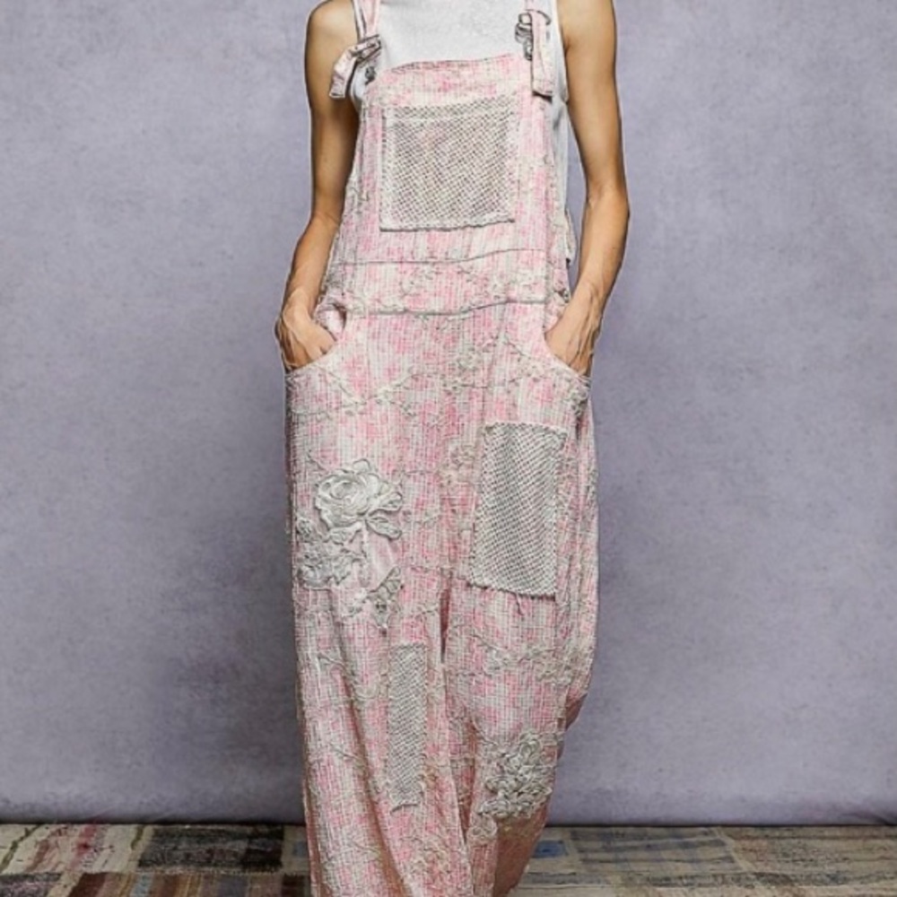 💕POL Overalls with Floral Embroidery and Patchwork Details. New without tags. - Picture 2 of 4